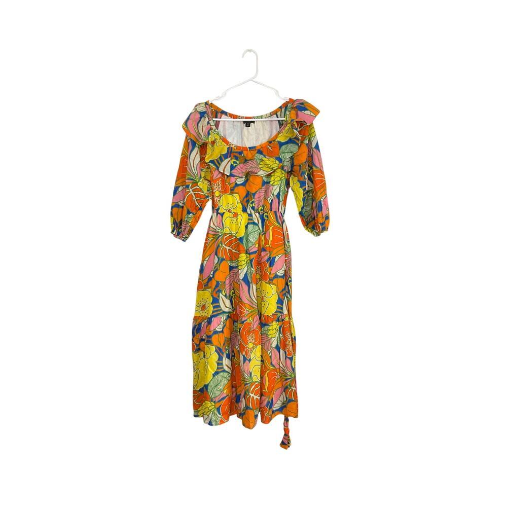 J.crew Belted Tropical Floral Colorful Midi Dress On/Off Shoulder Sz XS Ruffles